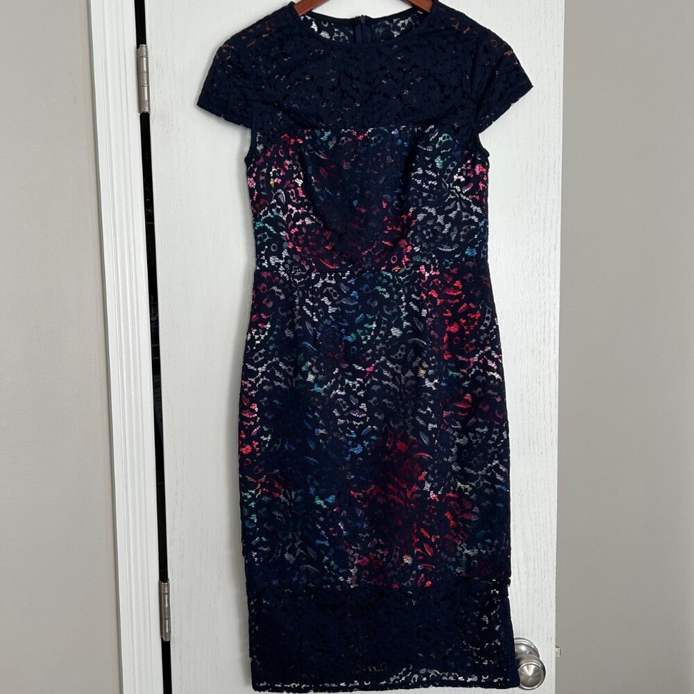 Betsey Johnson dress. Size 2, vibrant multicolored with navy blue overlay